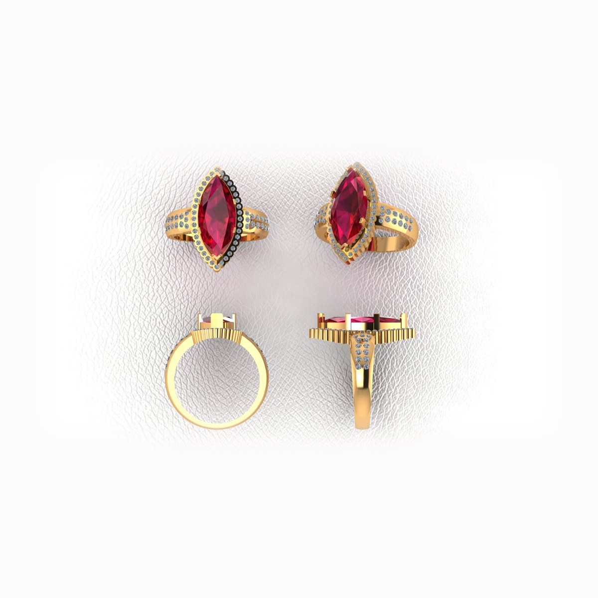 Marquise ruby halo ring, CAD render in four views
