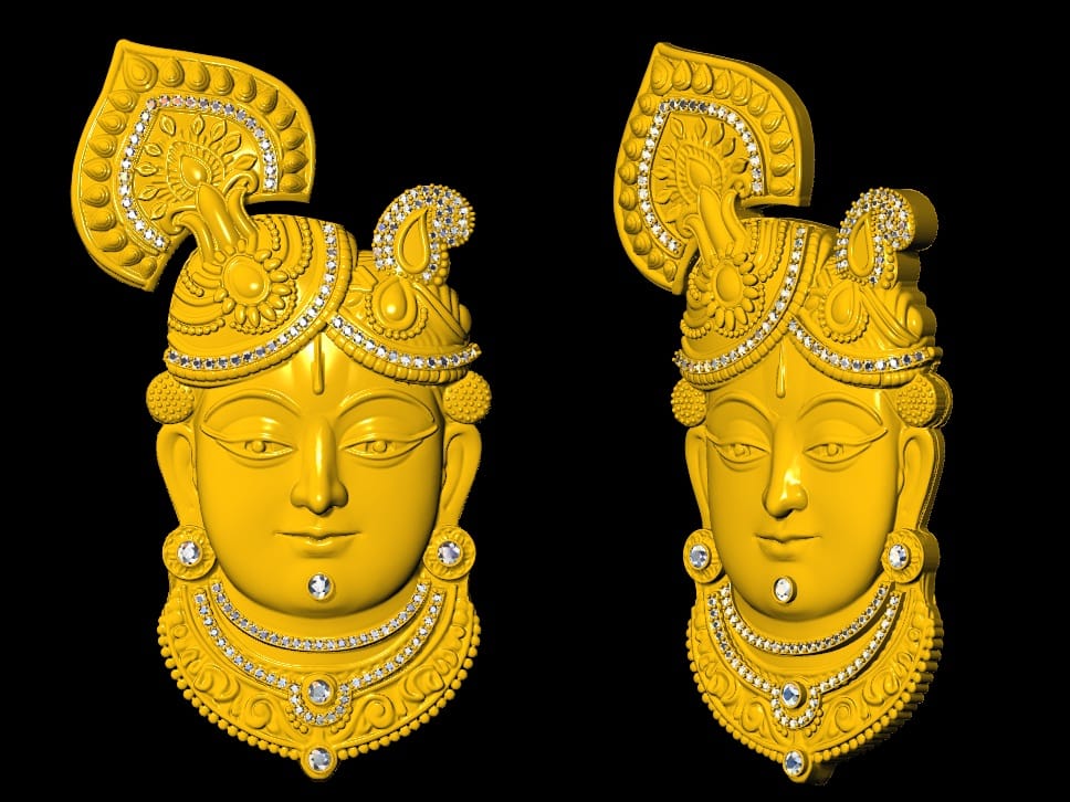 Shrinathji face pendant, CAD render in gold with diamonds